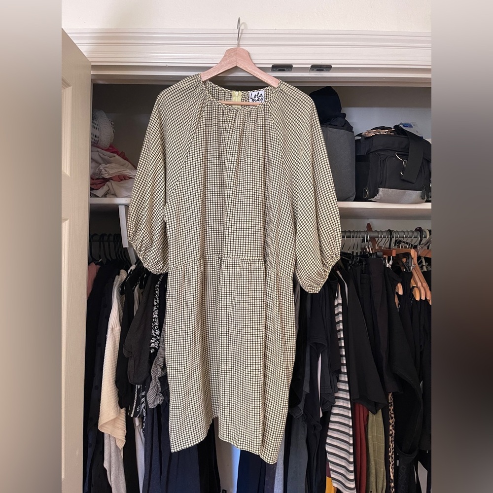 NWT Lola May grid plaid mini babydoll dress with puff sleeves sz 18